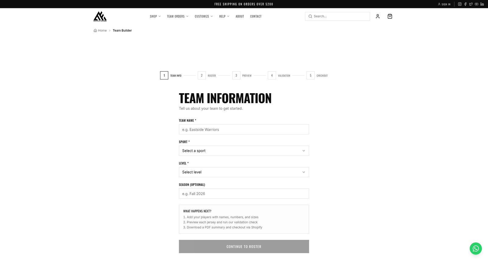 Team-order configurator screen